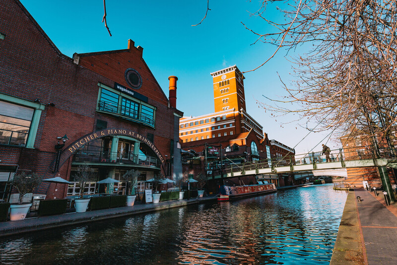 The Pitcher & Piano at Brindleyplace, seen across the canal in the evening